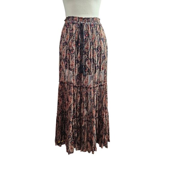 ZARA New Paisley Floral Print Metallic Boho Tiered Full Black Midi Skirt - Picture 2 of 13